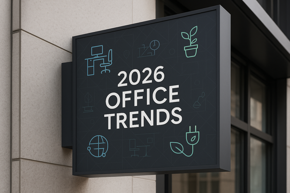 2026 ofis trendleri yazılı bir tabela
